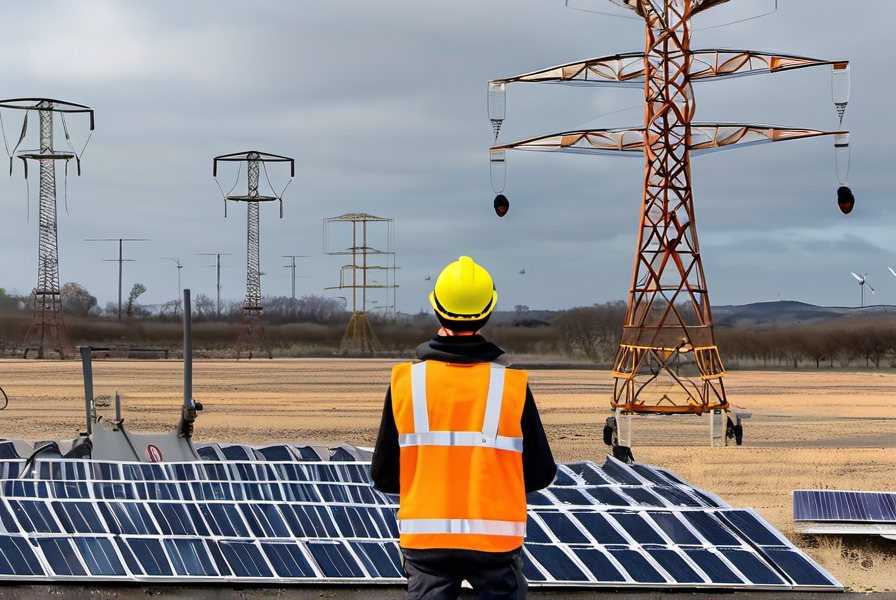 Survey drone lifting off beside a high-voltage substation under supervision